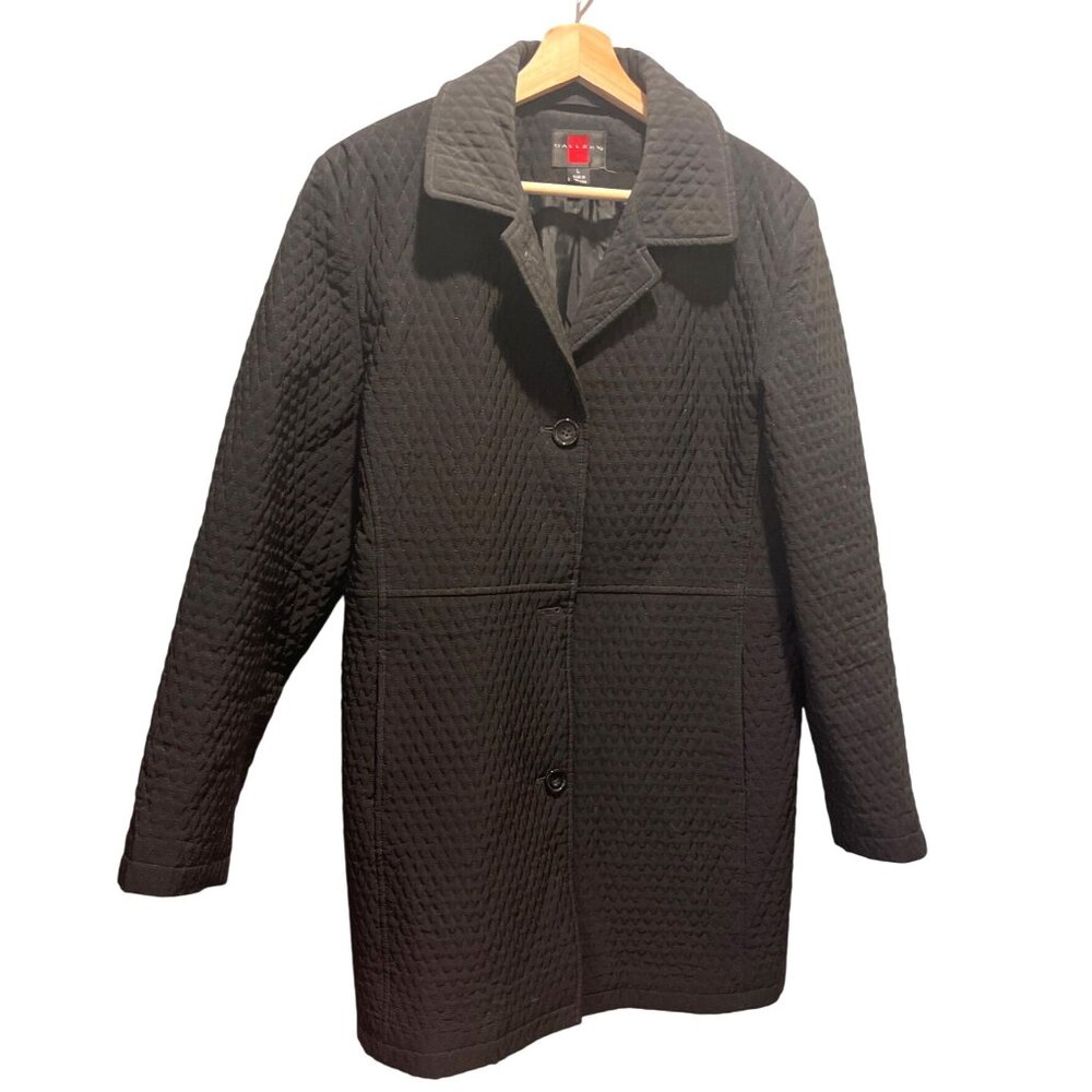 Gallery Womens Quilted Black Trench Coat Button-Front Size L - Picture 1 of 13
